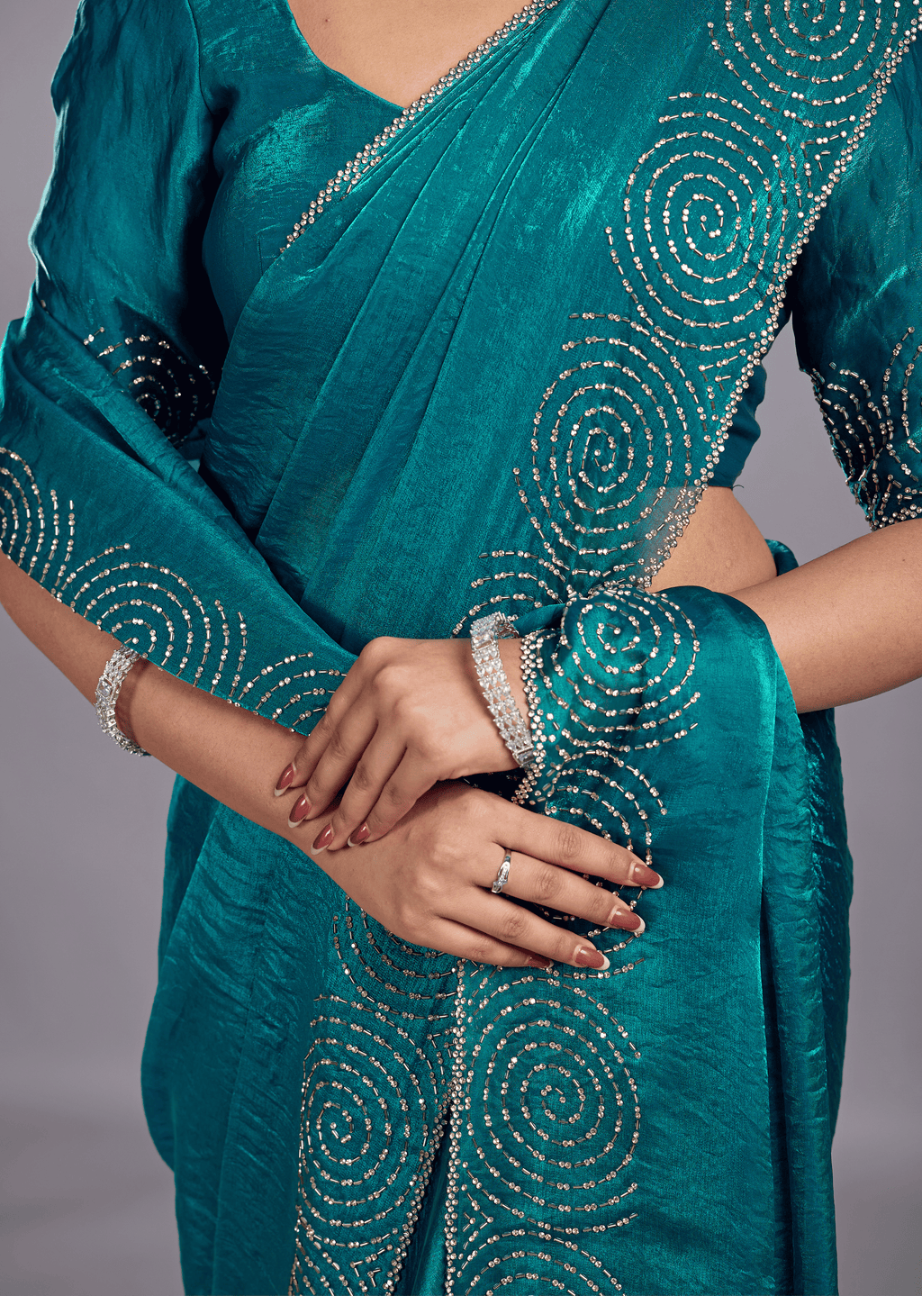 Peacock Teal Tissue Silk Saree With Crystal Spiral Work