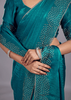 Peacock Teal Tissue Silk Saree With Crystal Spiral Work