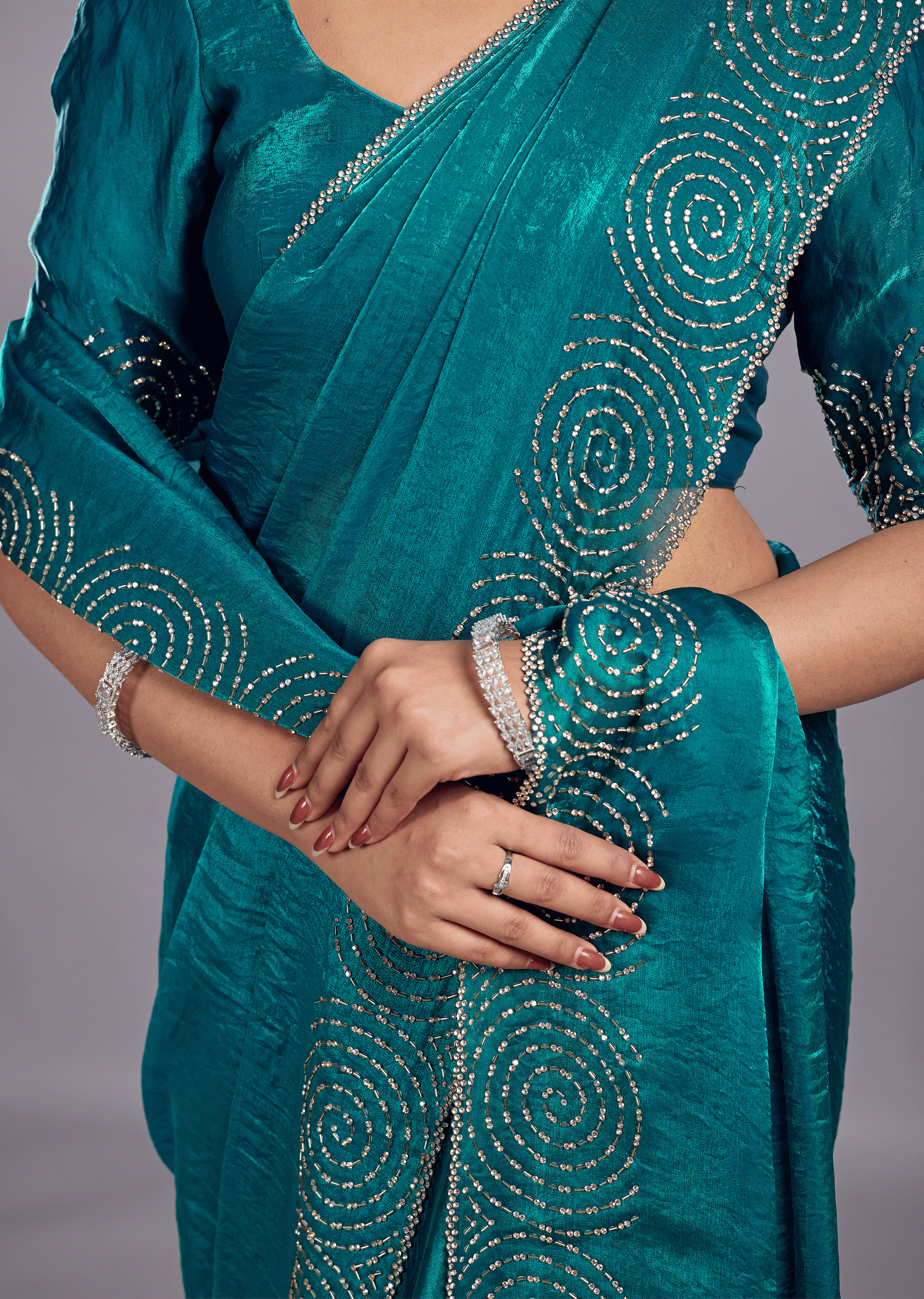 Peacock Teal Tissue Silk Saree With Crystal Spiral Work