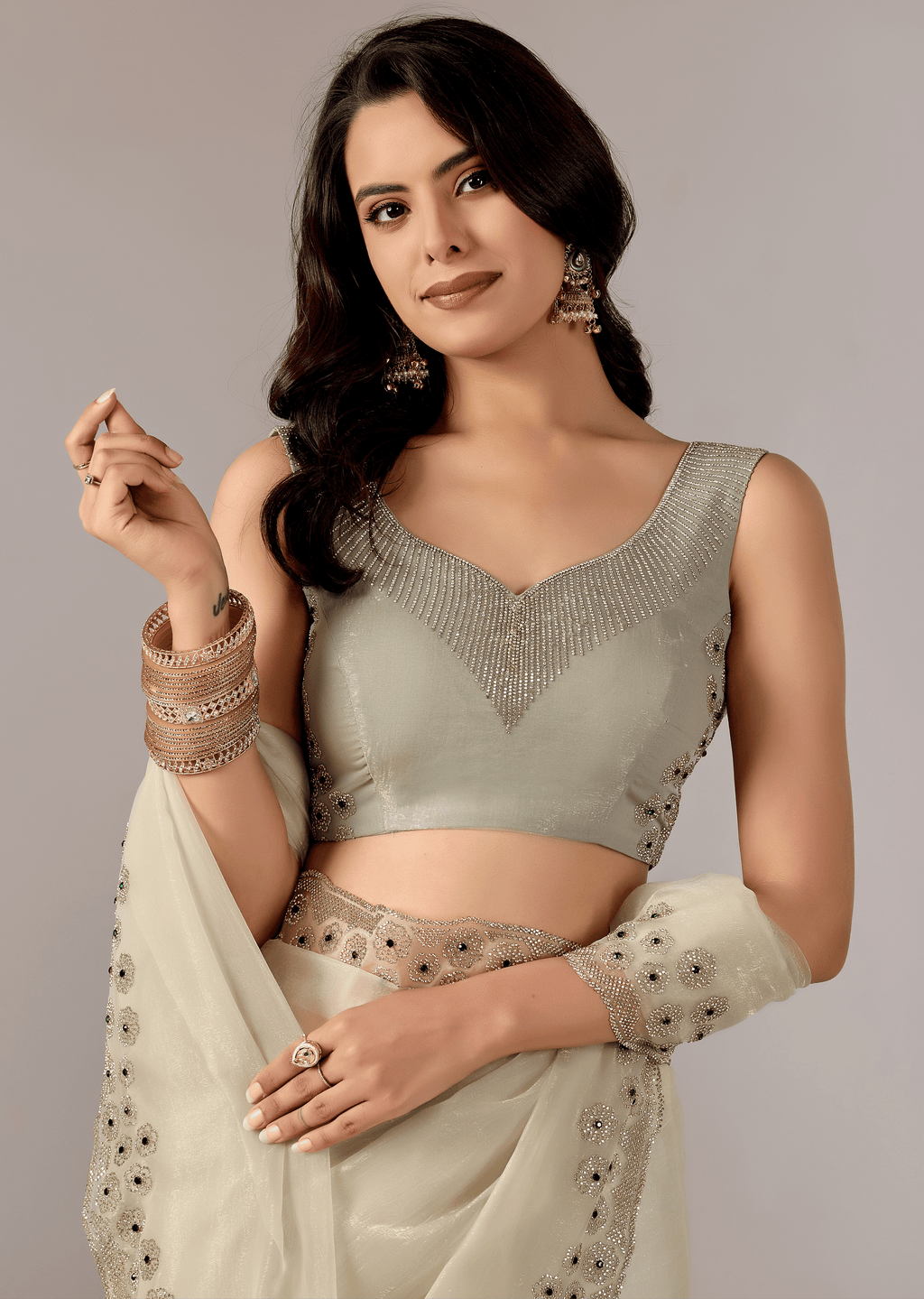 Pista Green Tissue Saree With Stone Embroidery