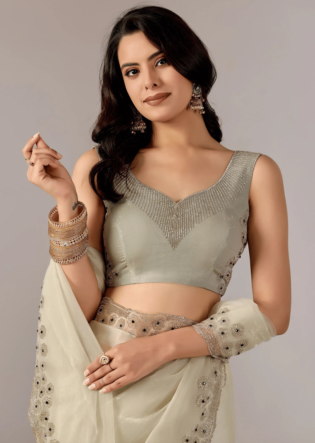  Pista Green Tissue Saree Draped Look - Stone Embroidery Design