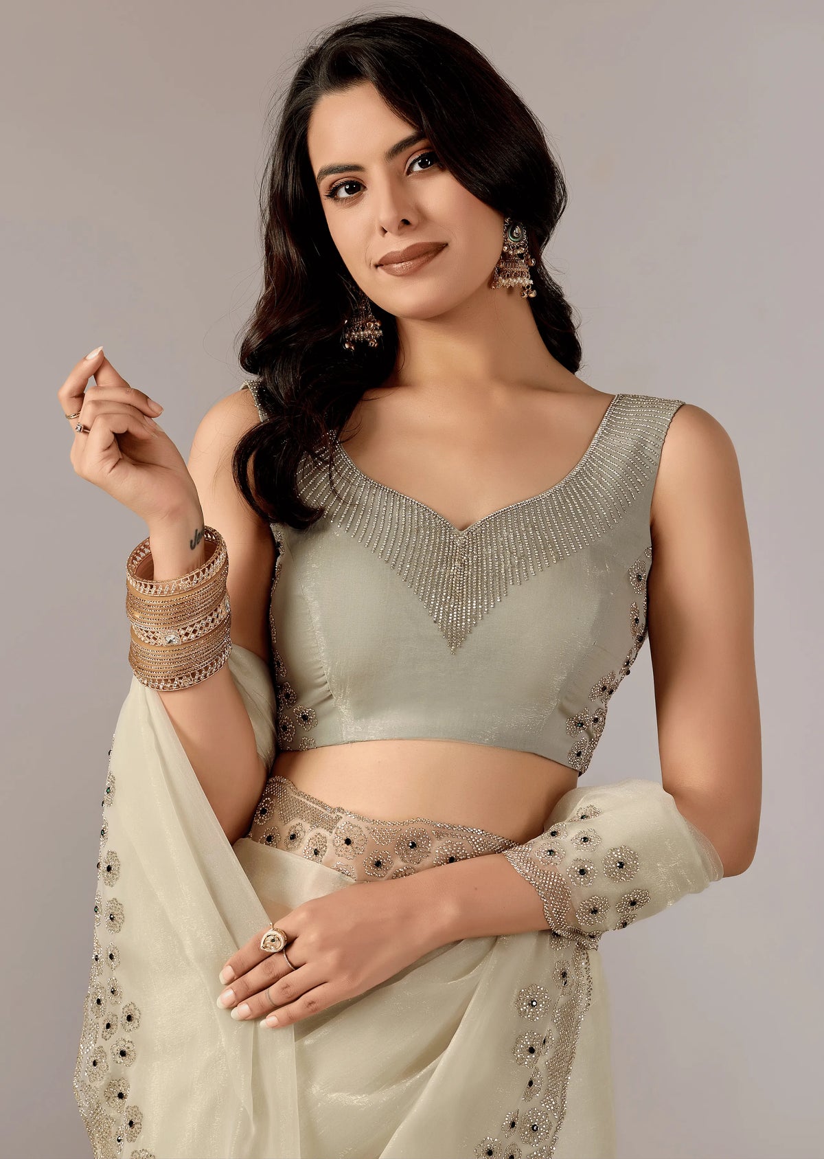  Pista Green Tissue Saree Draped Look - Stone Embroidery Design