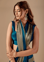 Royal Teal Tissue Silk Saree With Solid Finish