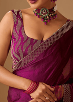 Magenta Purple Tissue Silk Saree With Crystal Stone Border