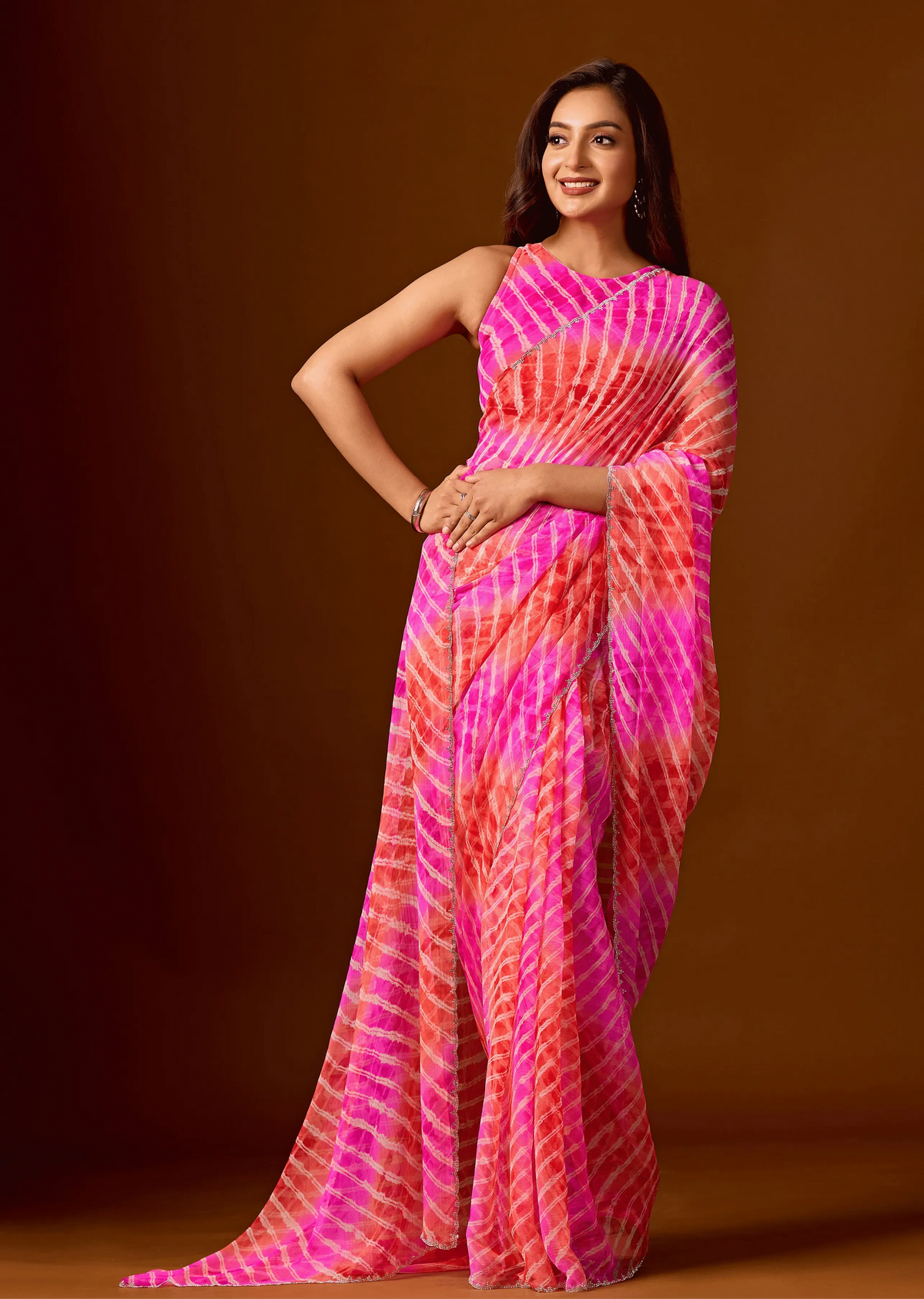 Flamingo Pink Chiffon Saree With Shibori Print