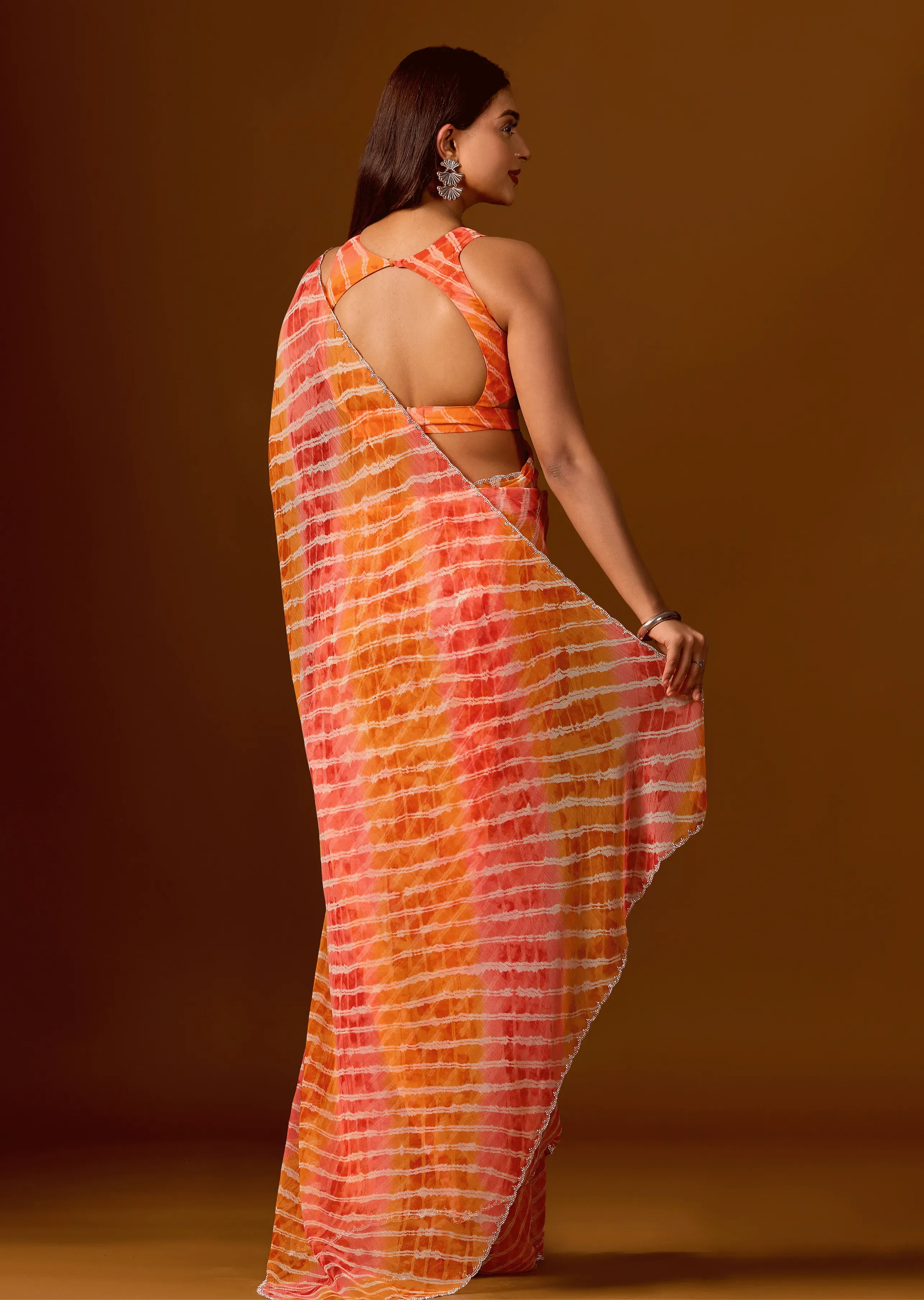 Sunset Orange Chiffon Saree With Shibori Print