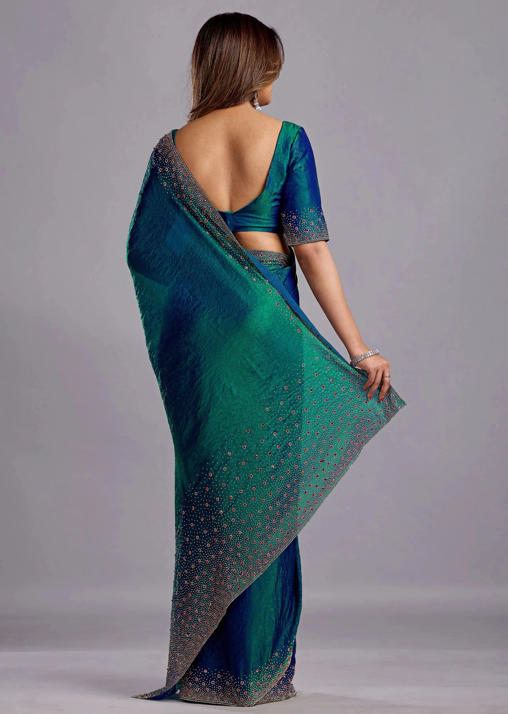 Green Tissue Silk Saree With Crystal Stone Work - Photo 2 | Buy Online Ethnic9