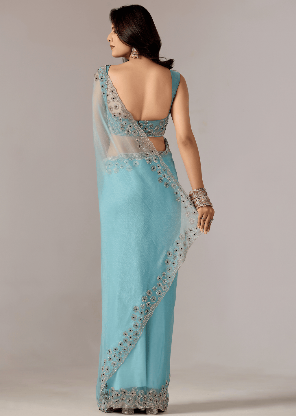 Sky Blue Tissue Saree With Stone Embroidery