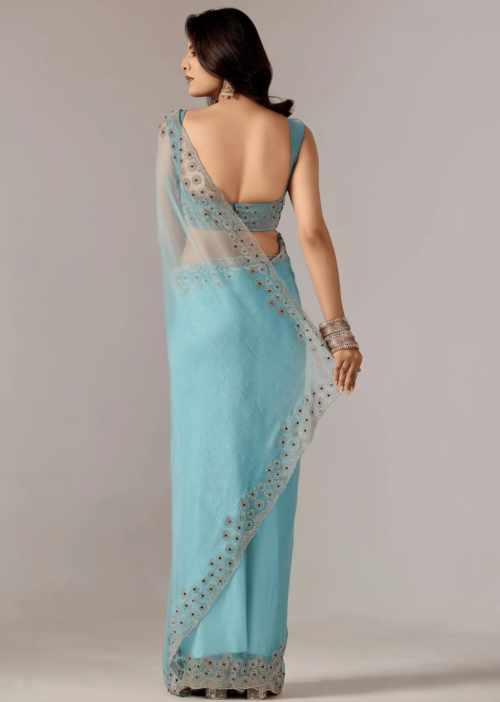 Sky Blue Tissue Saree Back Pose - Stone Embroidery Detail