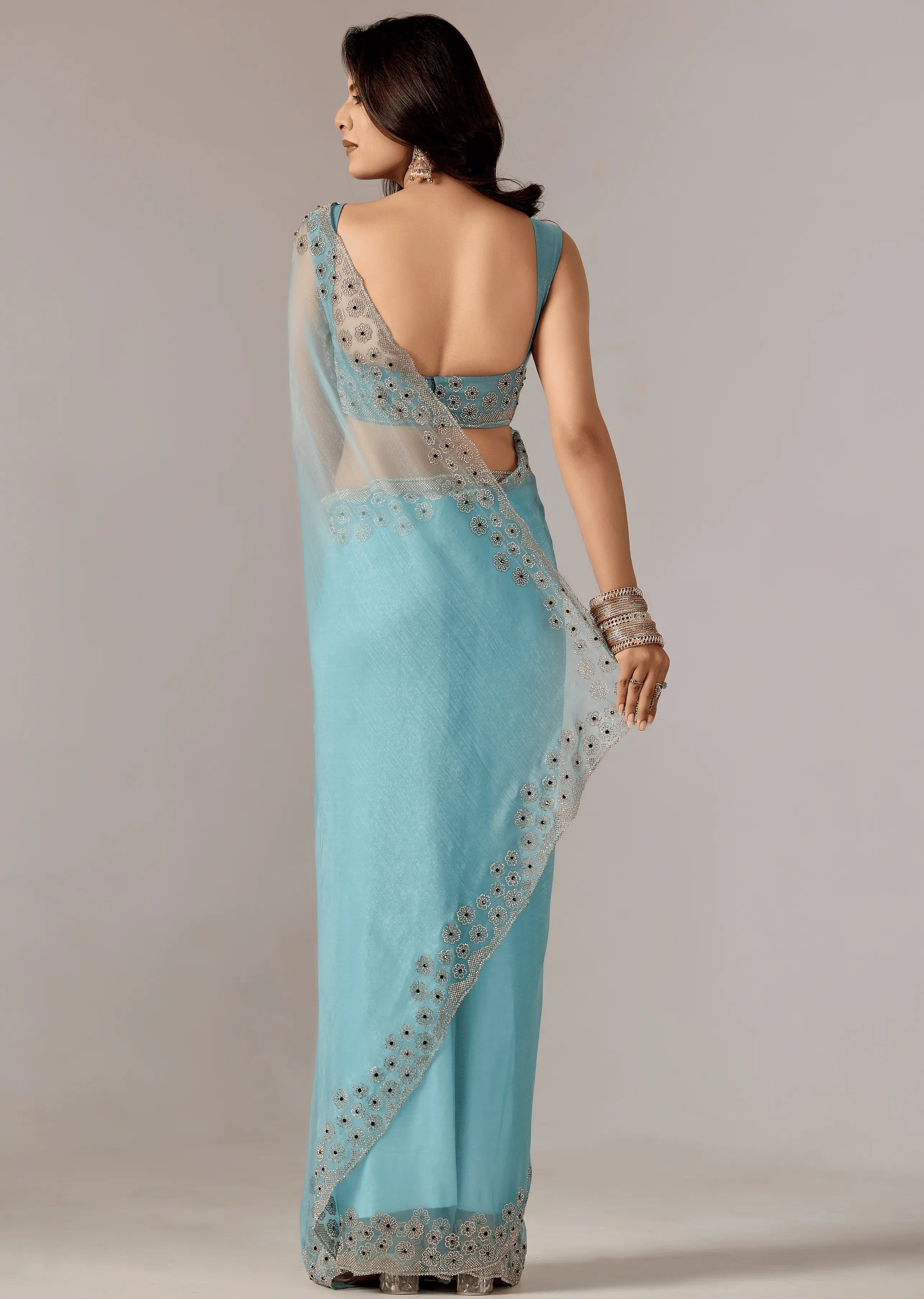 Sky Blue Tissue Saree Back Pose - Stone Embroidery Detail