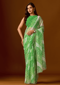 Bottle Green Chiffon Saree With Leheriya Print