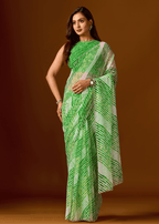 Bottle Green Chiffon Saree With Leheriya Print