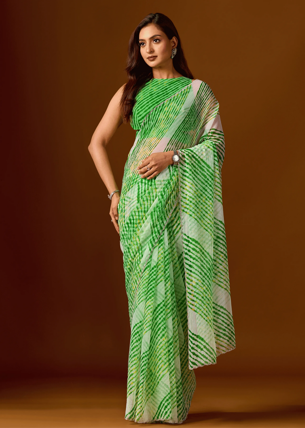 Bottle Green Chiffon Saree With Leheriya Print - Front Look | Buy On Ethnic9
