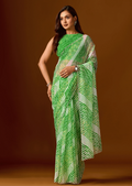 Bottle Green Chiffon Saree With Leheriya Print - Front Look | Buy On Ethnic9
