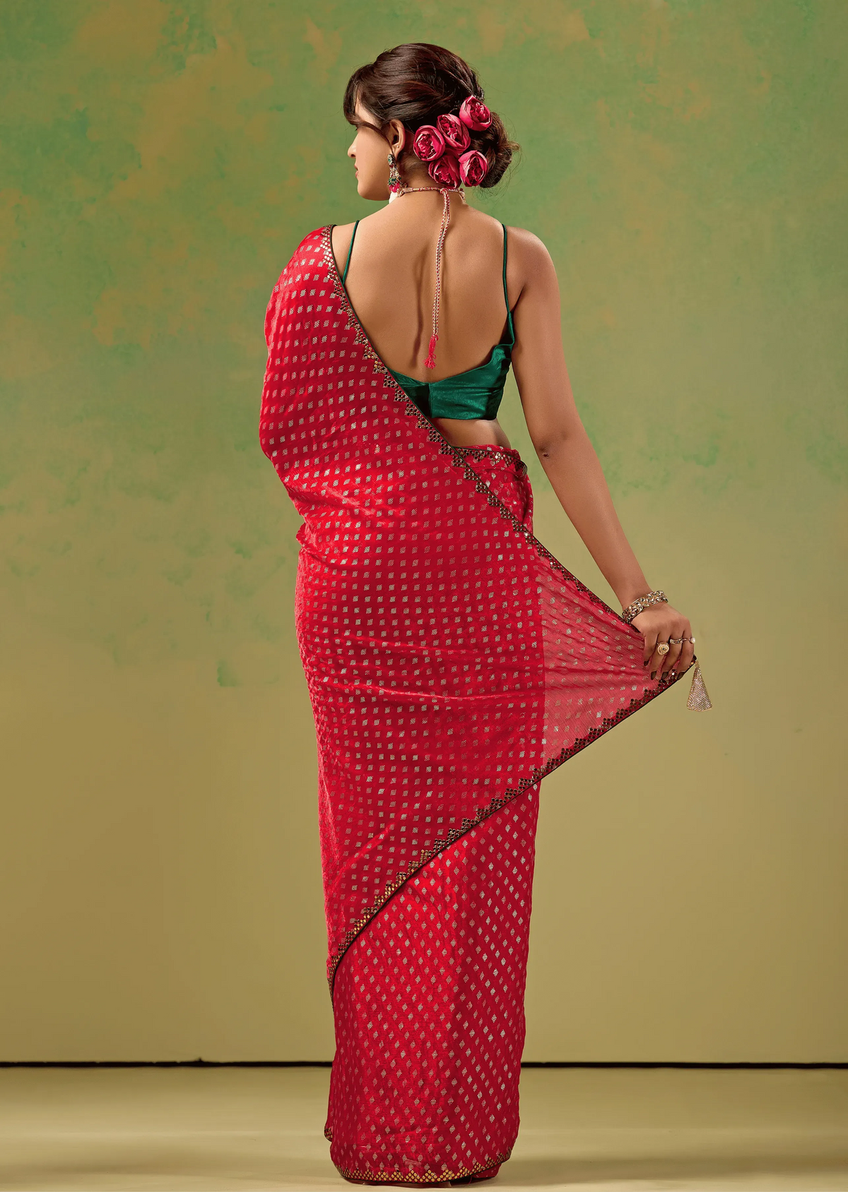 Rani Red Tissue Silk Saree With Foil Butti Work - Photo 2 | Buy Online Ethnic9
