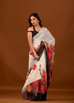 White Soft Organza Saree With Floral Print