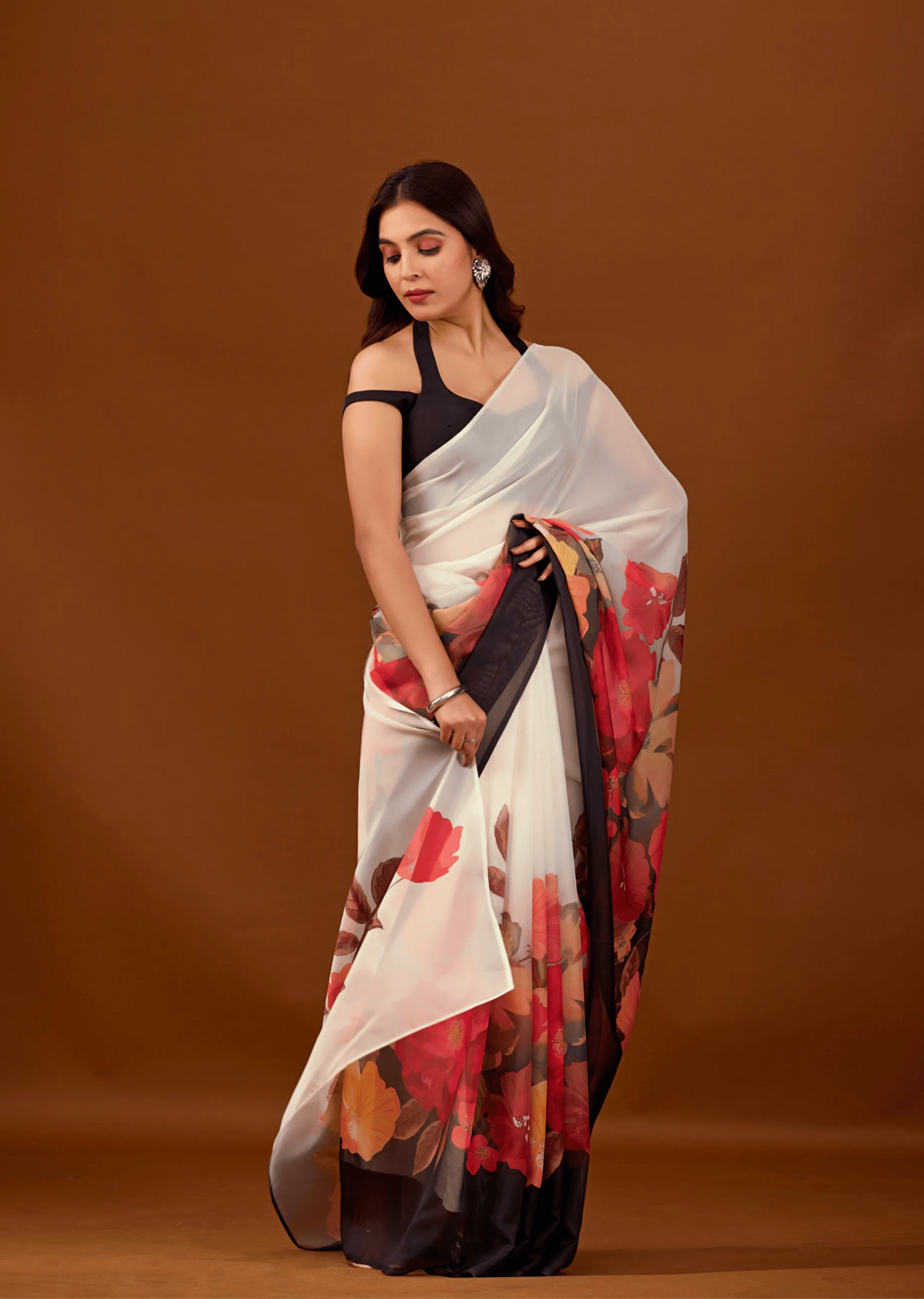 White Soft Organza Saree Draped Look - Floral Print Design