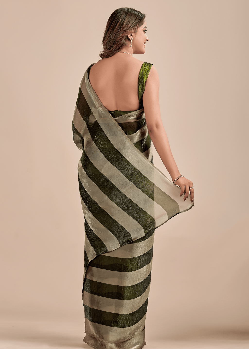 Olive Green Tissue Silk Saree With Metallic Stripe Weave