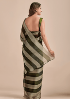 Olive Green Tissue Silk Saree With Metallic Stripe Weave