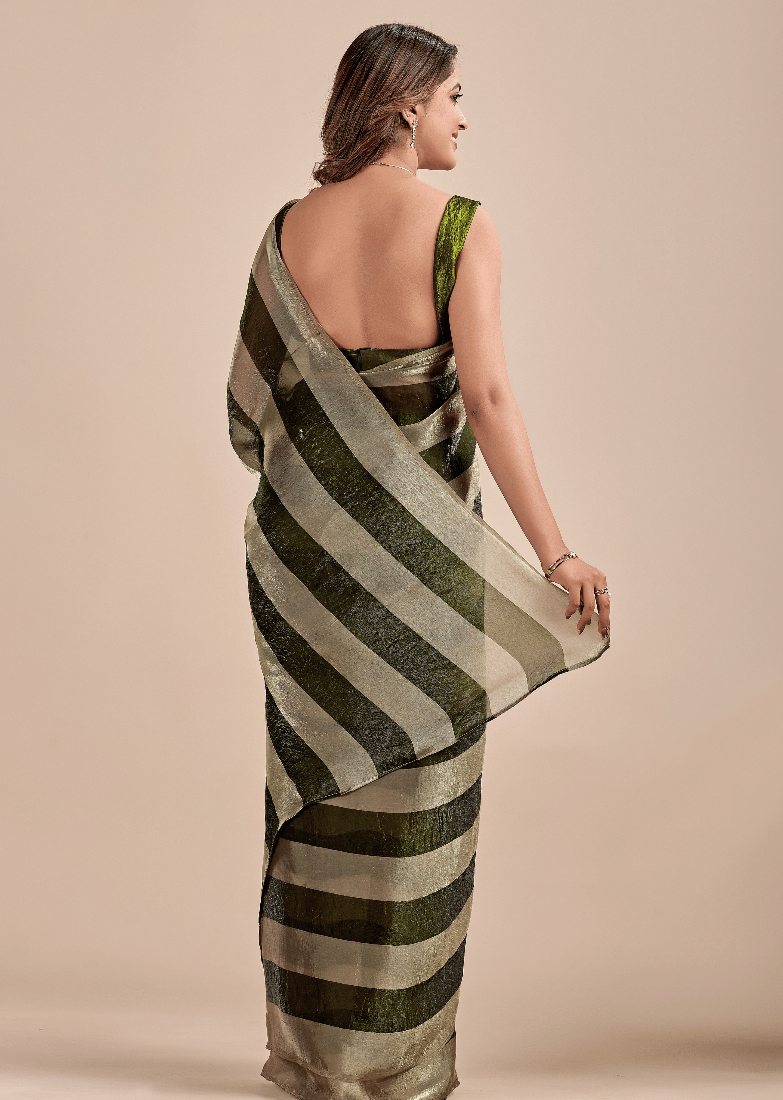 Olive Green Tissue Silk Saree With Metallic Stripe Weave