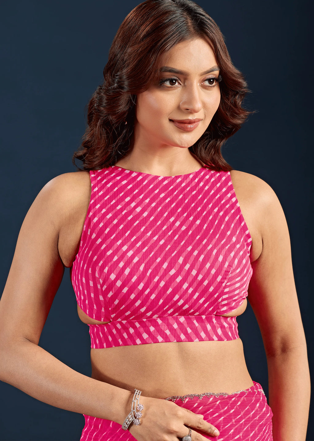 Rani Pink Chiffon Saree Blouse Close Up - Leheriya Print Design