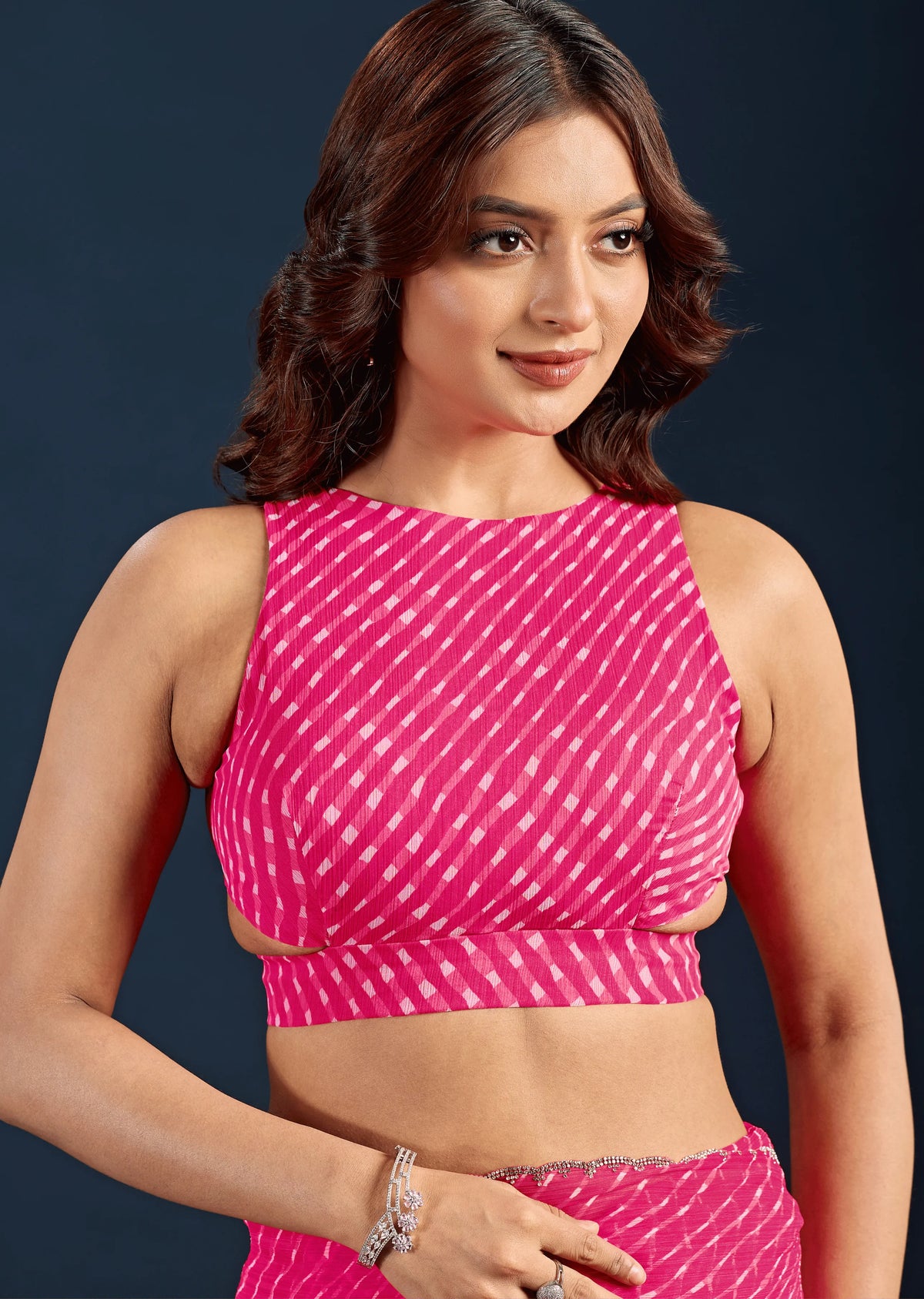 Rani Pink Chiffon Saree Blouse Close Up - Leheriya Print Design