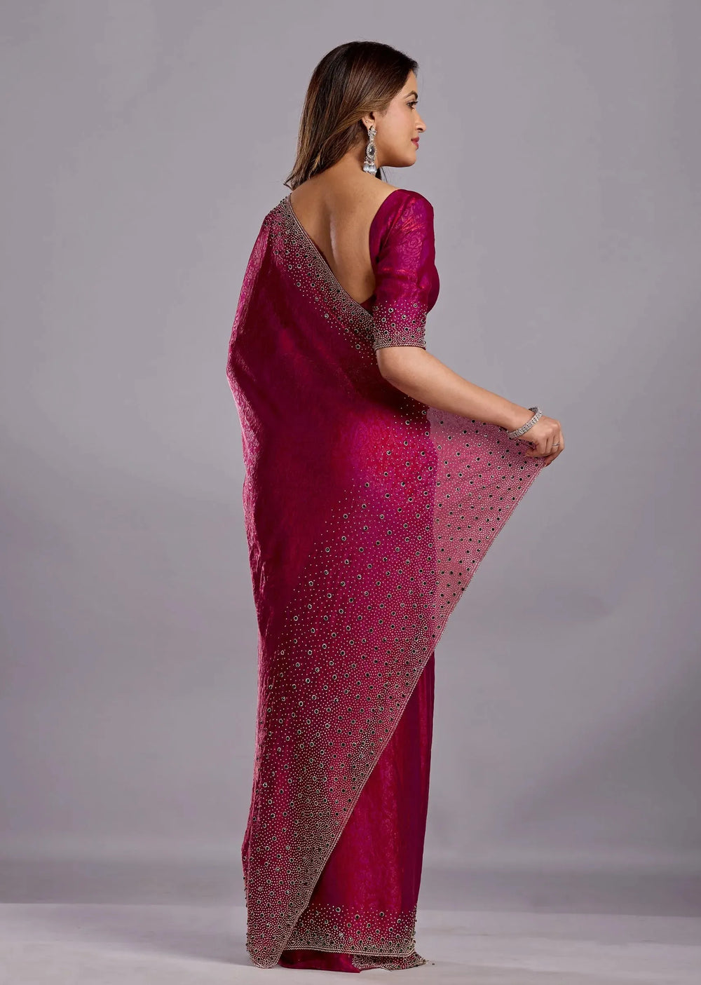 Rani Pink Tissue Silk Saree With Crystal Stone Work - Photo 2 | Buy Online Ethnic9
