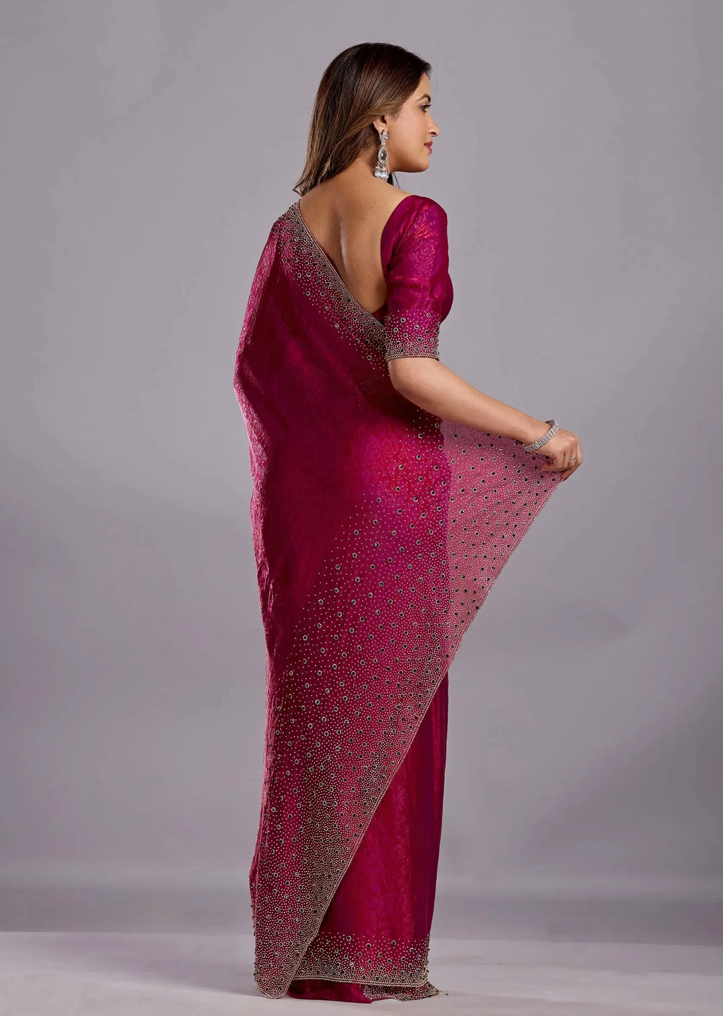 Rani Pink Tissue Silk Saree With Crystal Stone Work - Photo 2 | Buy Online Ethnic9