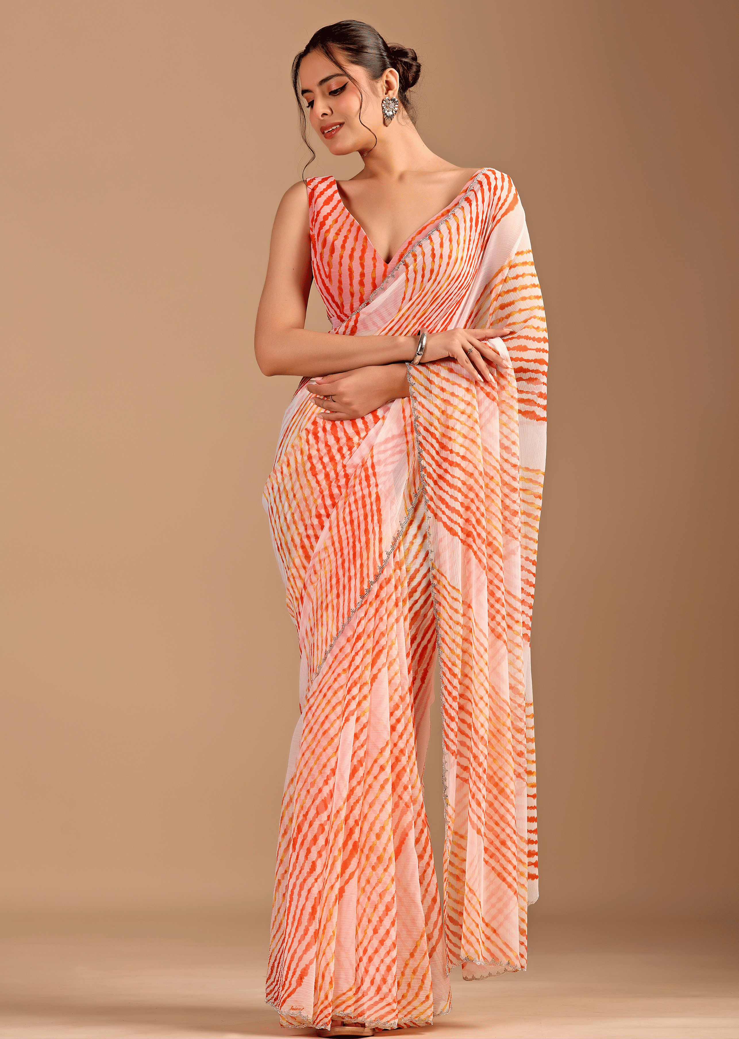 Peach Orange Chiffon Saree With Leheriya Print
