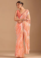 Peach Orange Chiffon Saree Draped Look - Leheriya Print Design