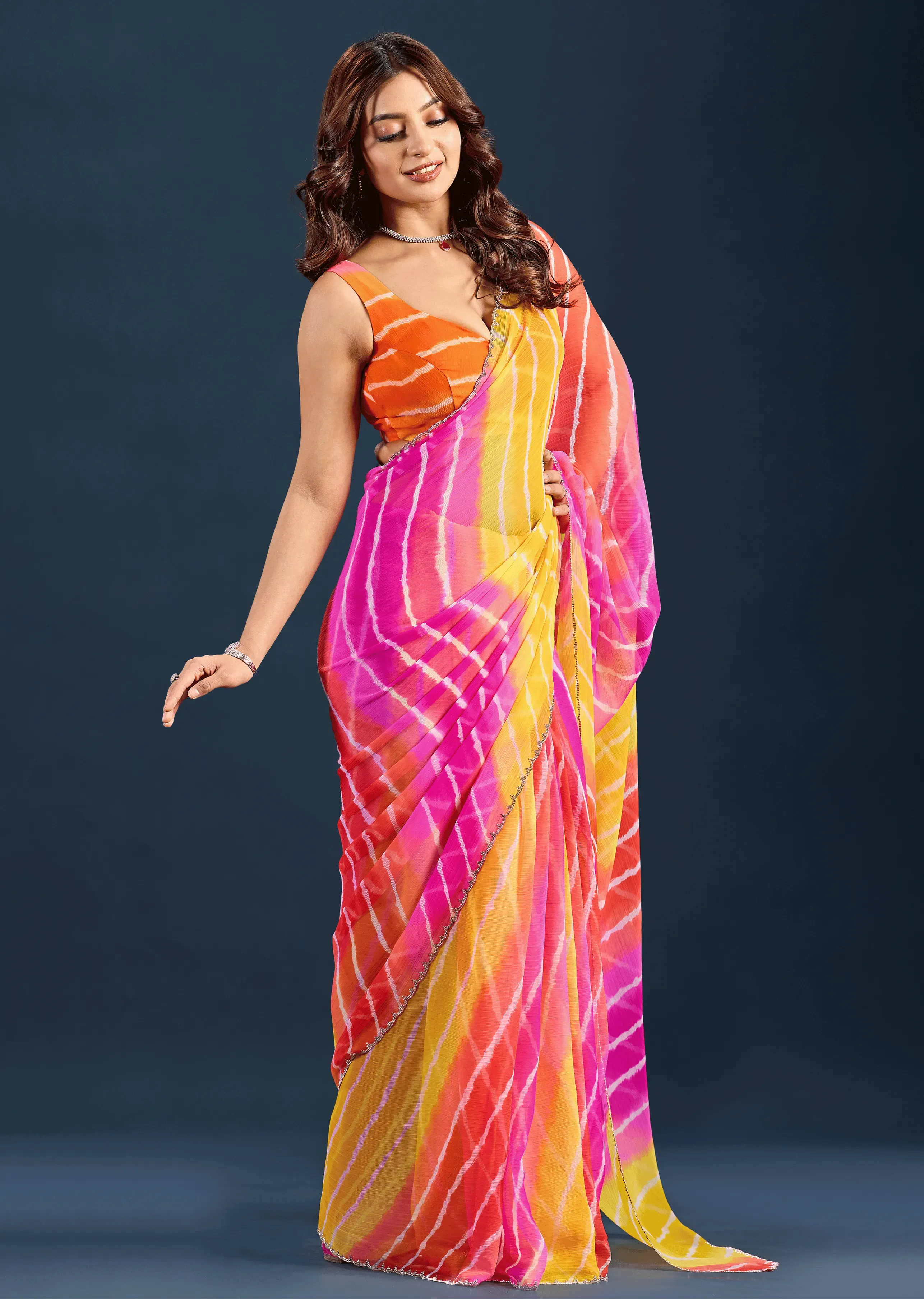 Orange Chiffon Saree With Leheriya Print