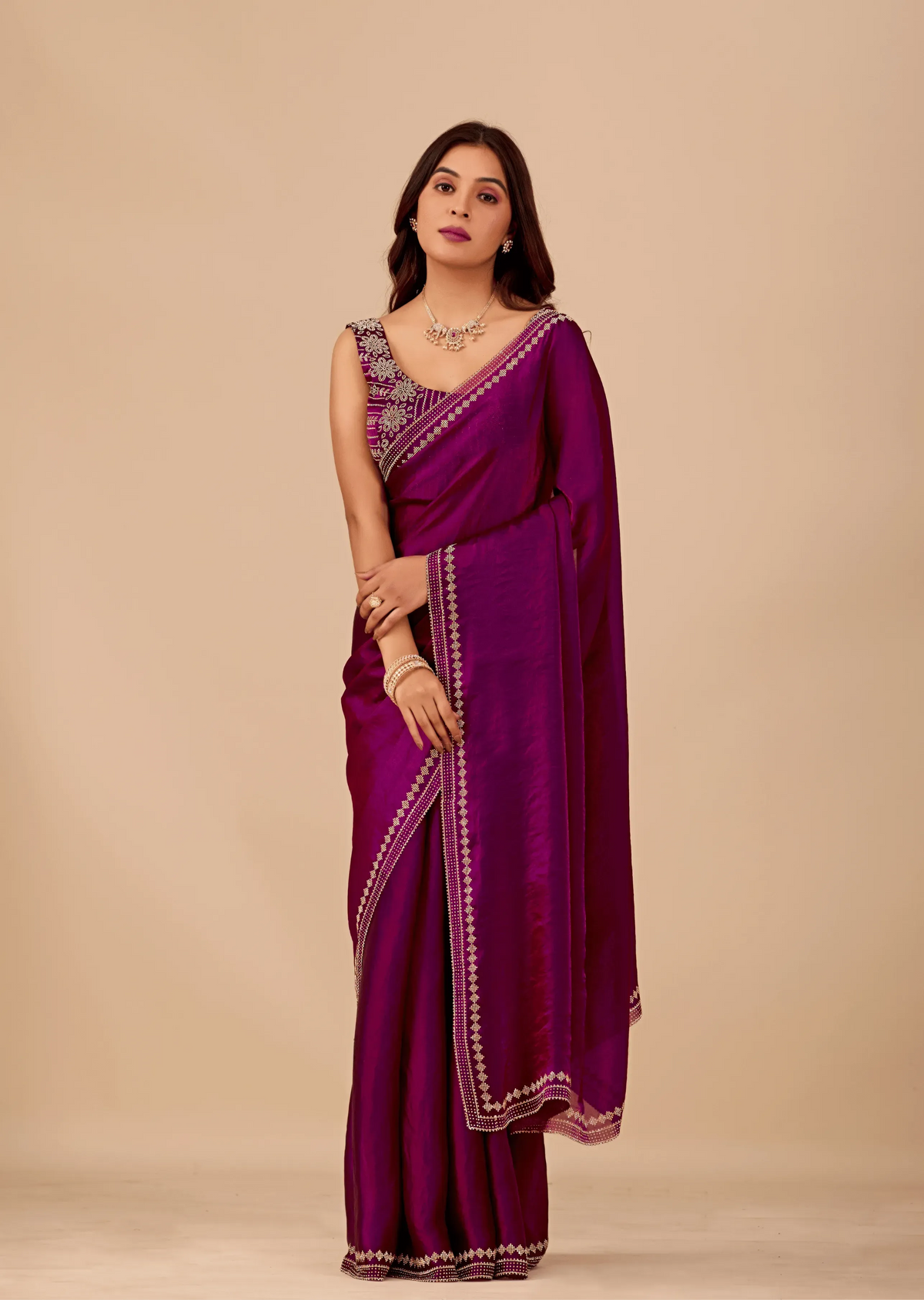 Royal Purple Tissue Silk Saree With Crystal Border Work