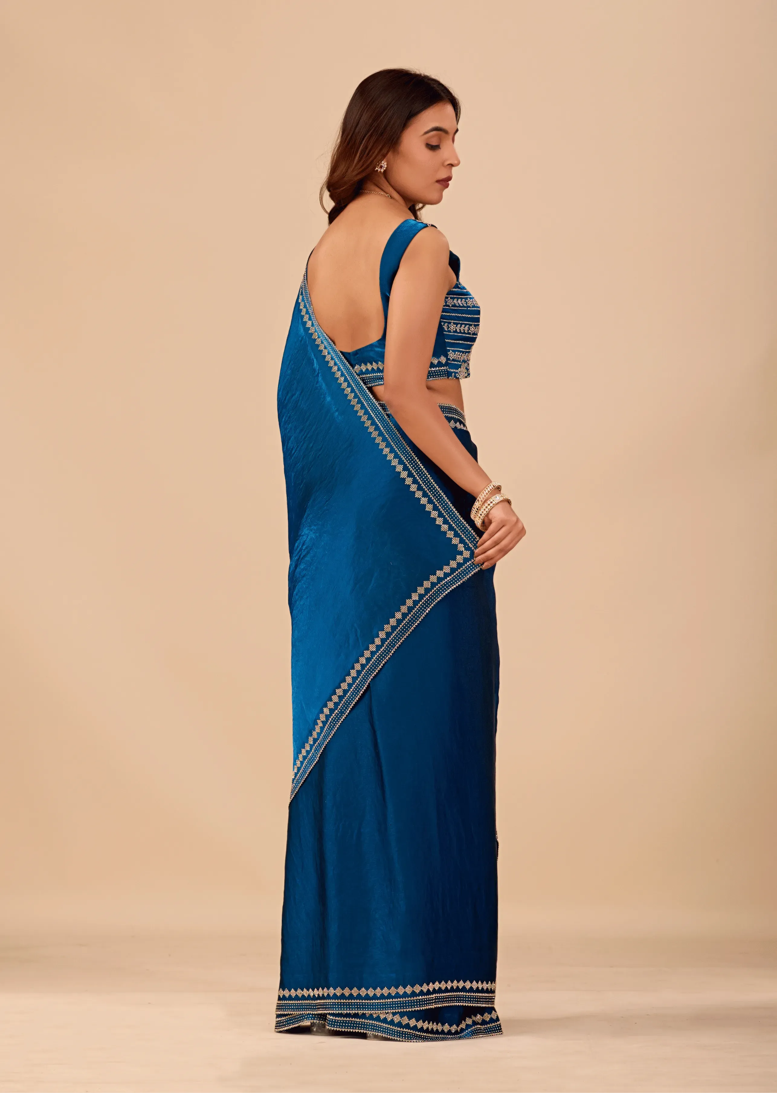 Ocean Blue Tissue Silk Saree With Crystal Border Work