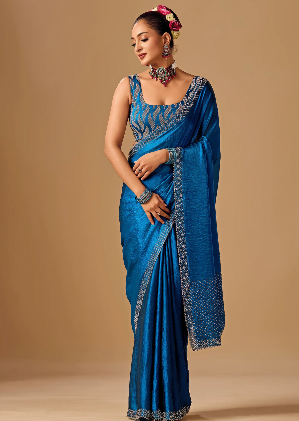 Royal Blue Tissue Silk Saree With Stone Work Border