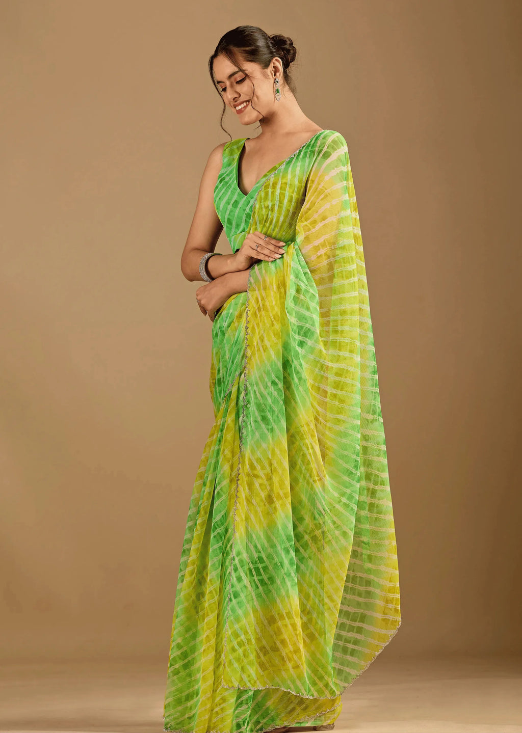 Citrus Green Chiffon Saree With Shibori Tie Dye