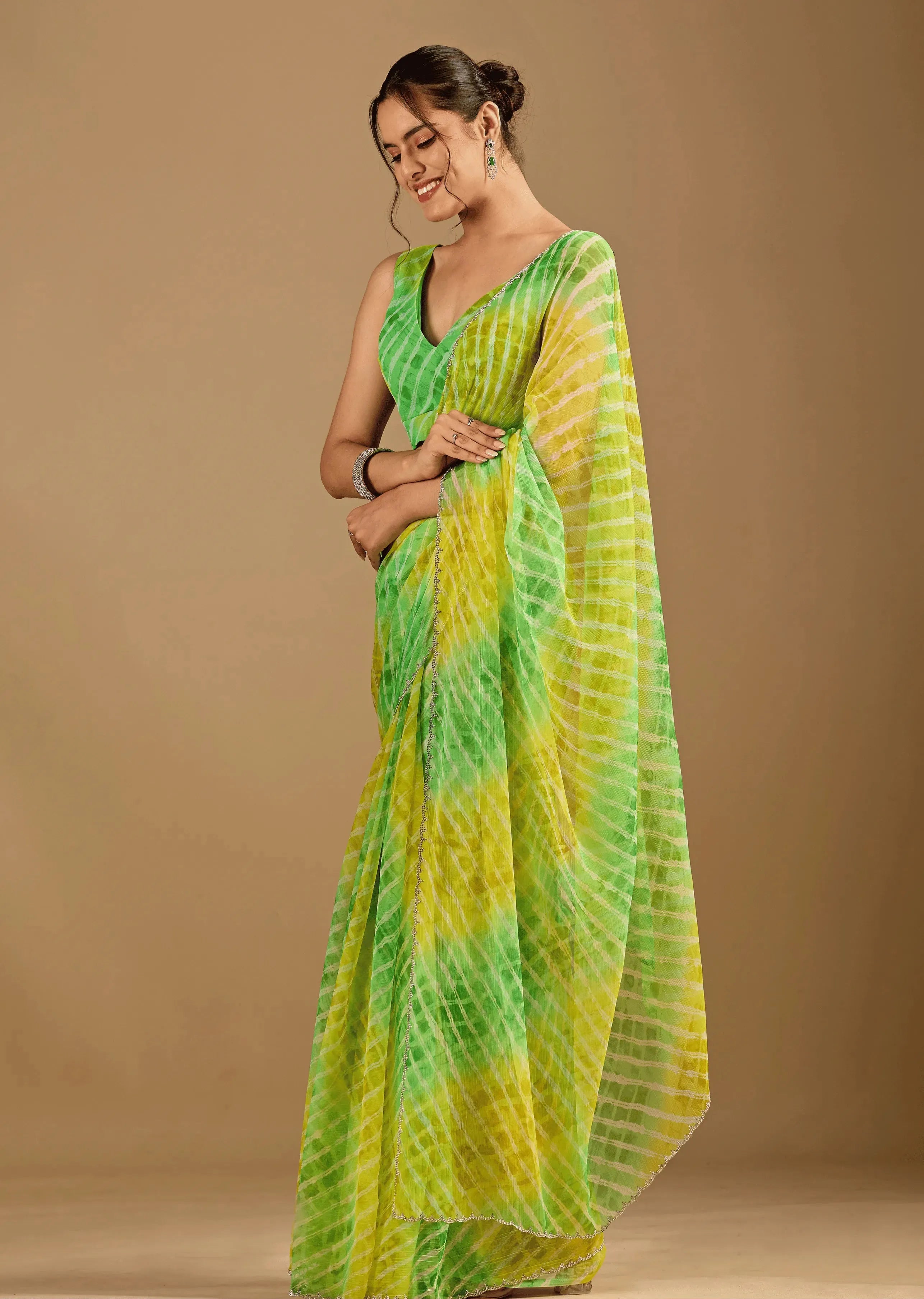 Citrus Green Chiffon Saree With Shibori Tie Dye