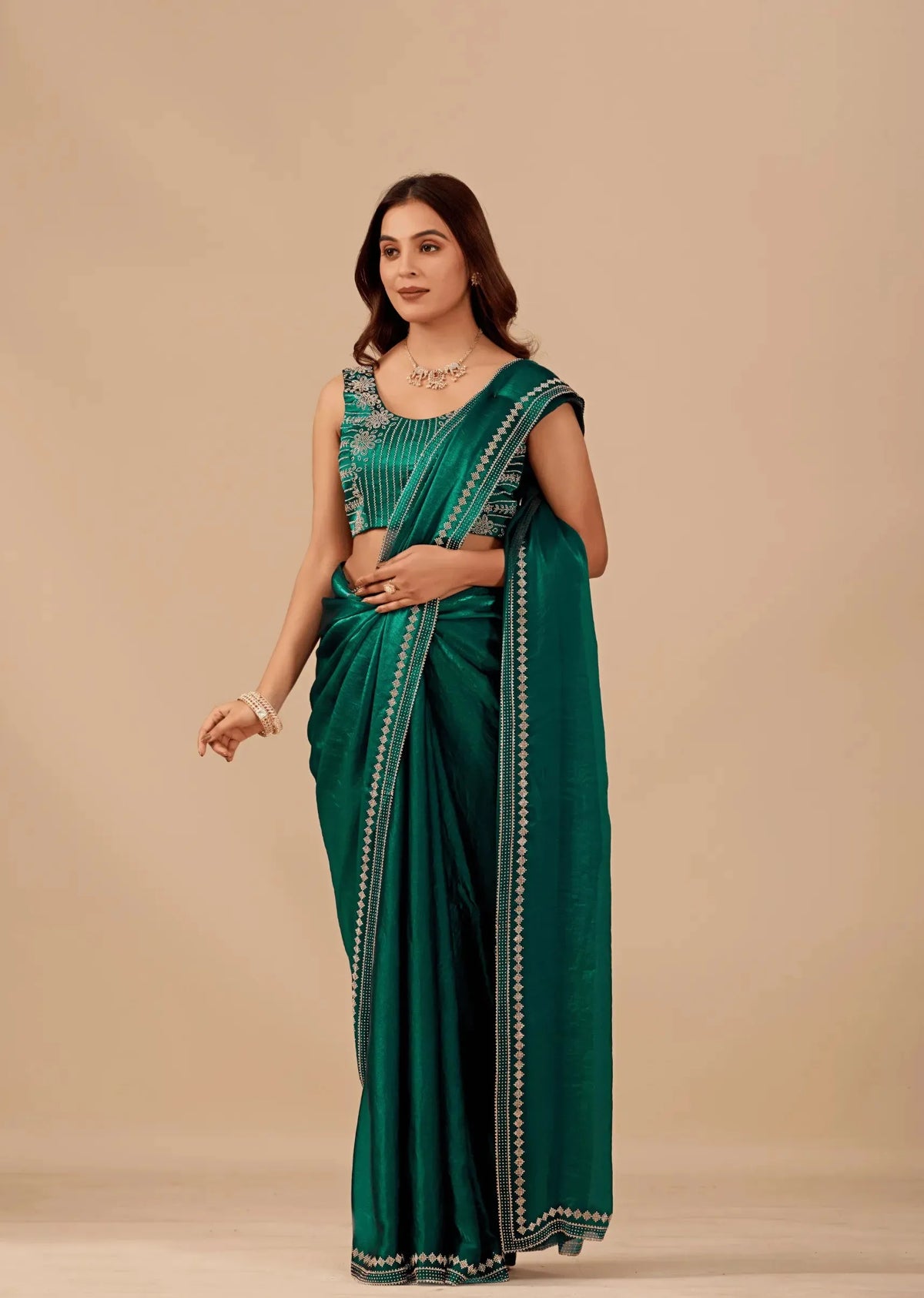 Emerald Teal Tissue Silk Saree With Crystal Border Work