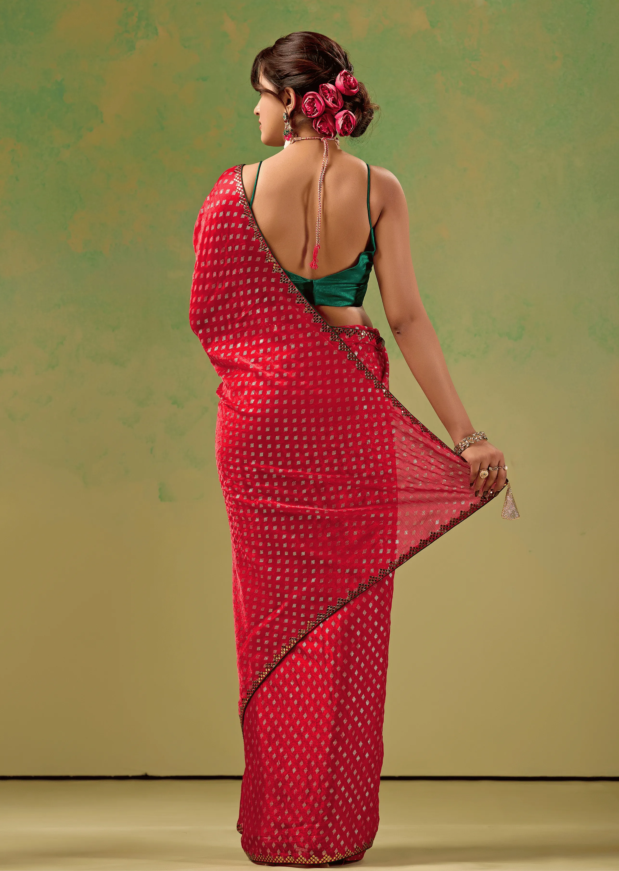 Rani Red Tissue Silk Saree Back Pose - Foil Butti Work Detail