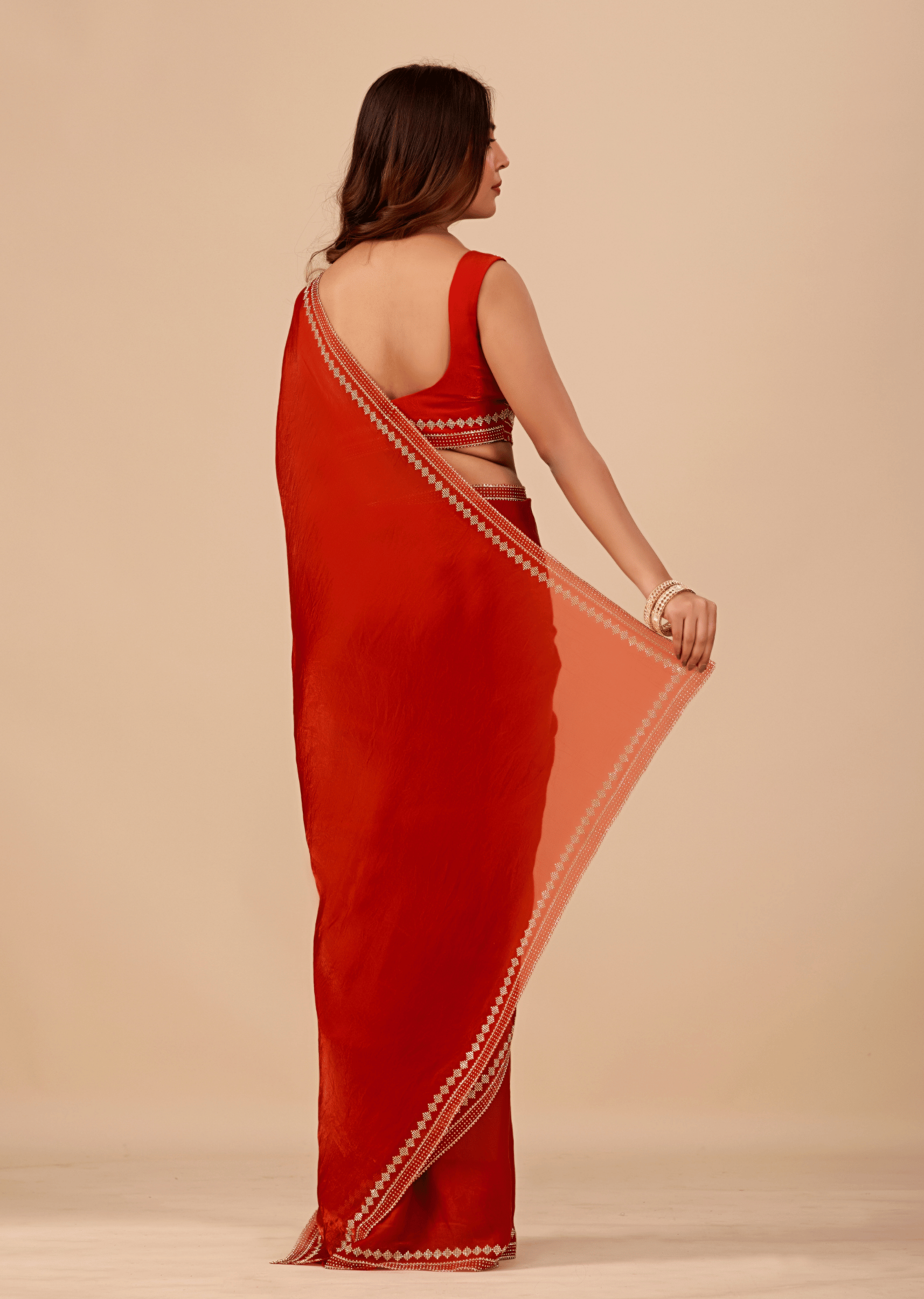 Crimson Red Tissue Silk Saree With Diamond Border Work