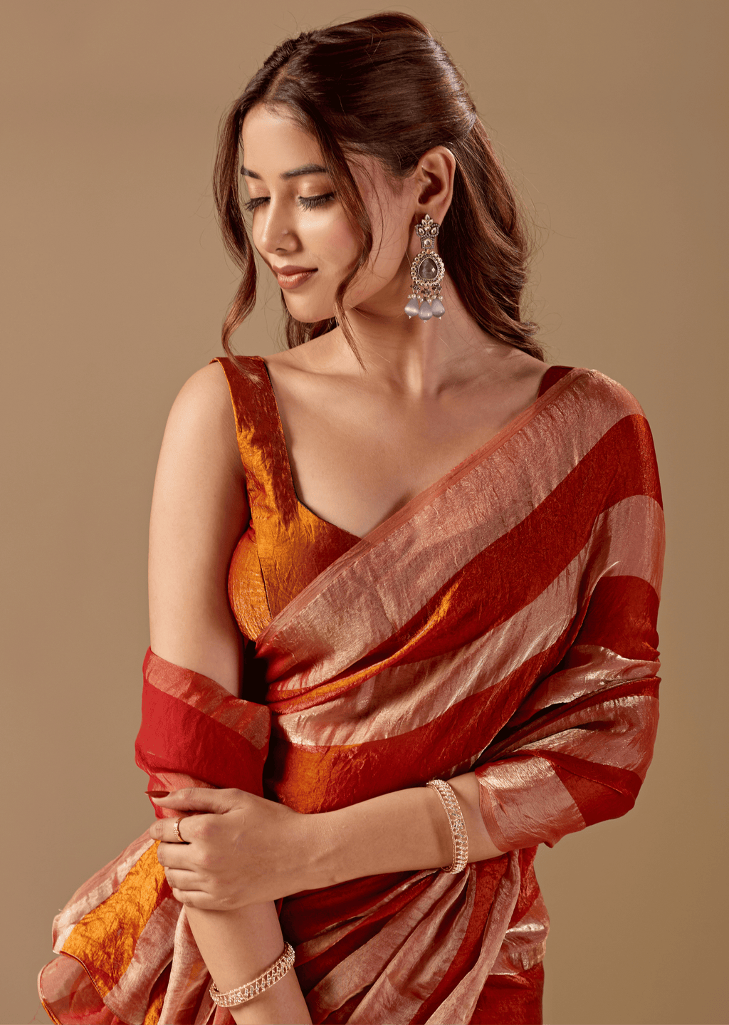 Copper Rust Tissue Silk Saree With Metallic Stripe Weave