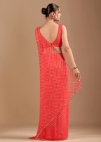 Coral Red Chiffon Saree With Leheriya Print