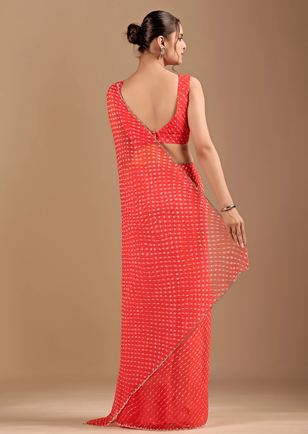 Coral Red Chiffon Saree Back Pose - Leheriya Print Detail