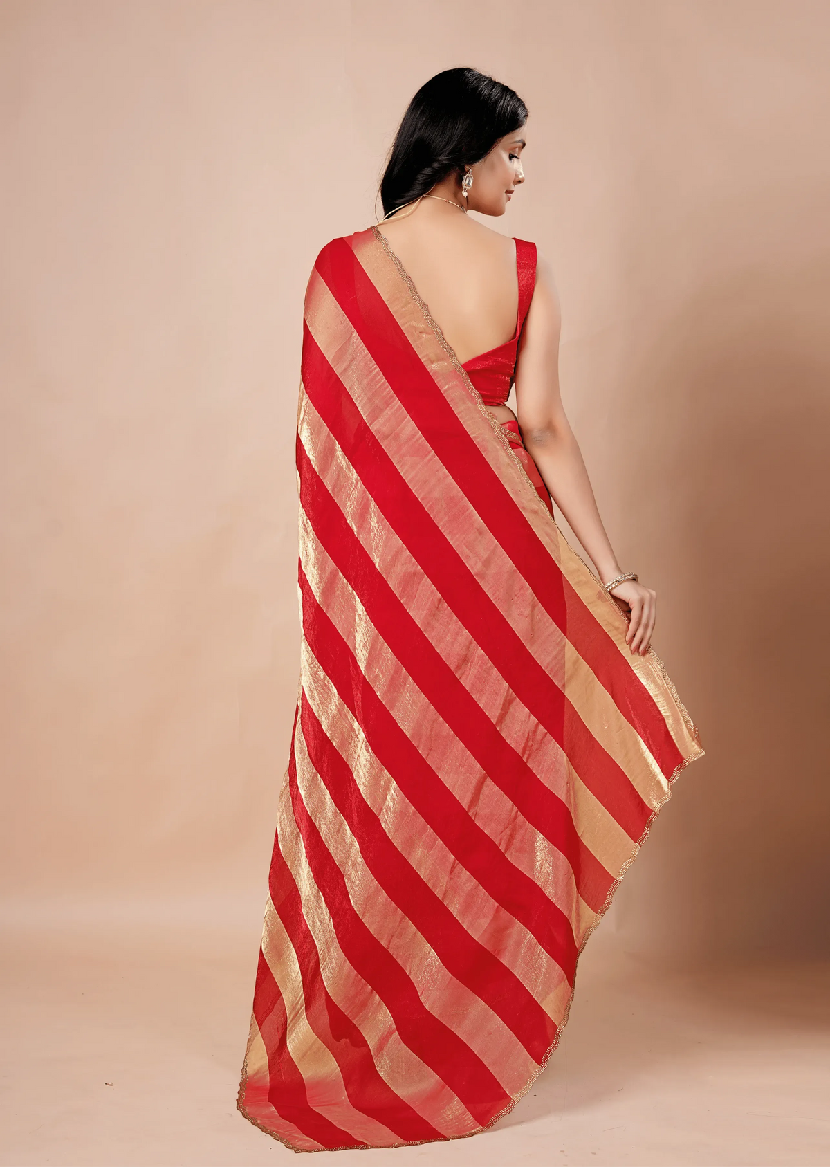 Crimson Red Tissue Silk Saree With Metallic Stripe Work