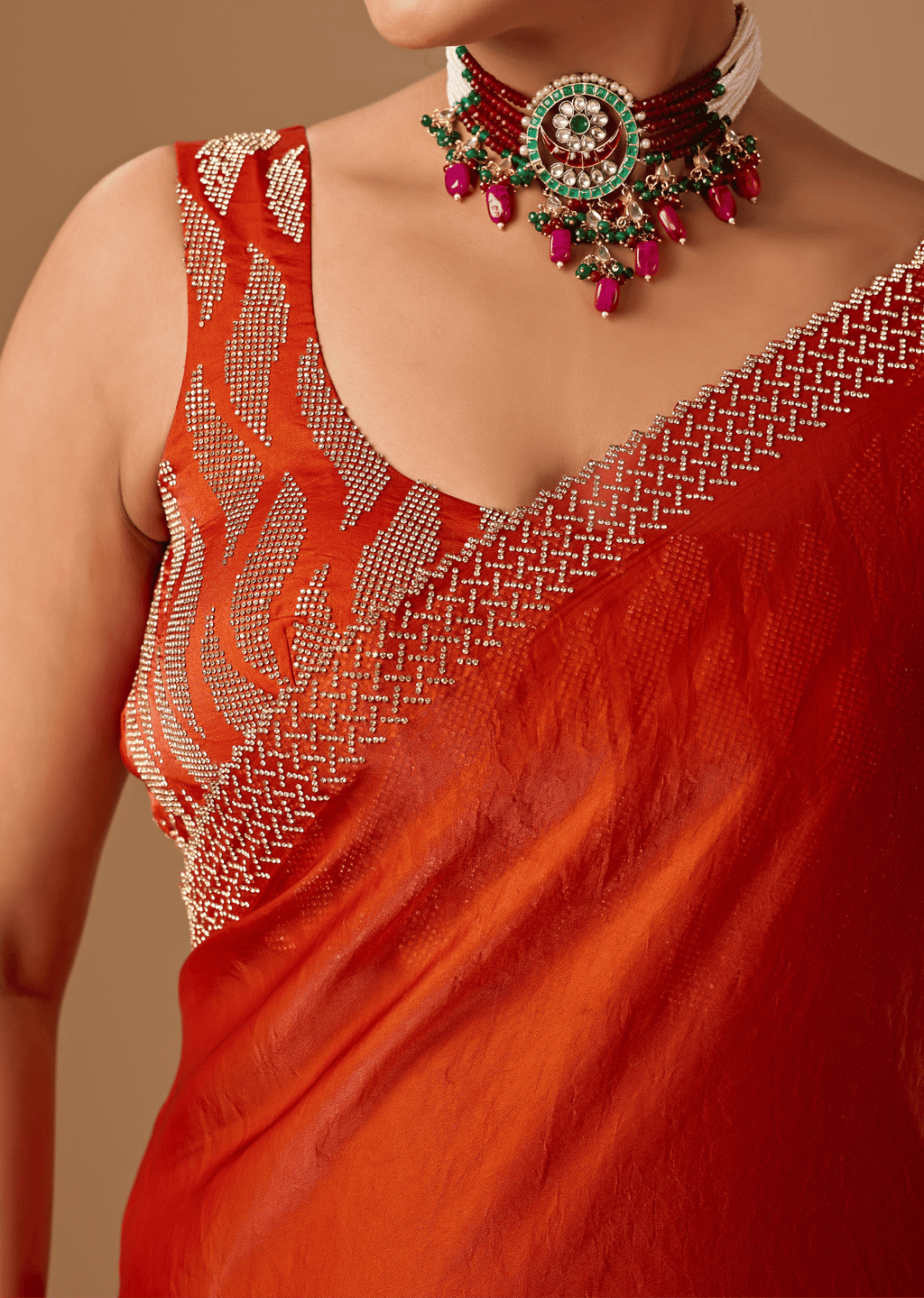 Burnt Orange Tissue Silk Saree With Rhinestone Border