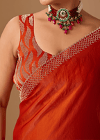 Burnt Orange Tissue Silk Saree With Rhinestone Border