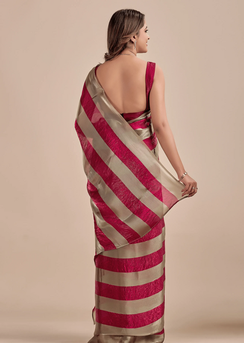 Berry Wine Tissue Silk Saree With Metallic Stripe Weave