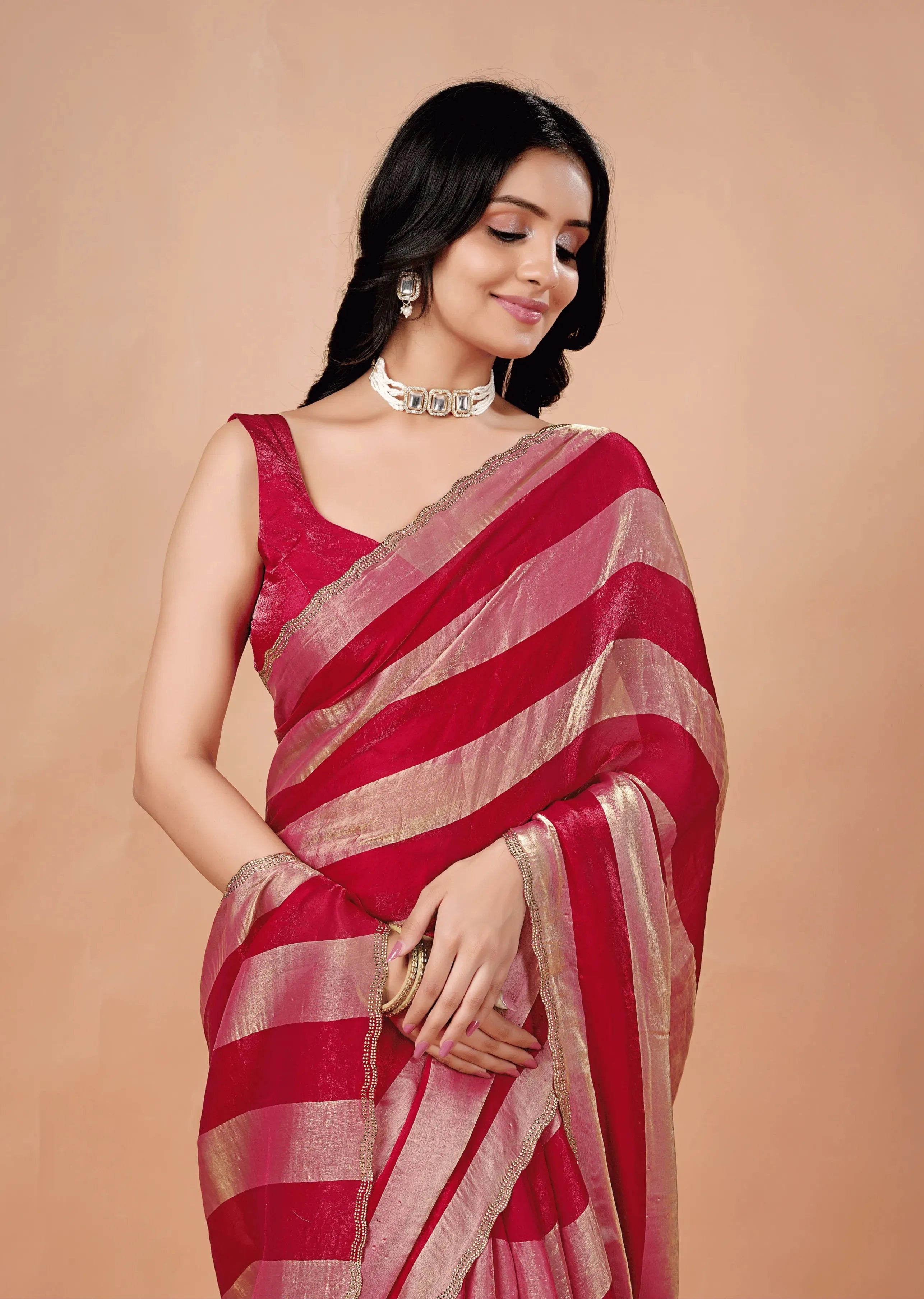 Rani Pink Tissue Silk Saree With Metallic Stripe Work