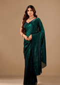 Bottle Green Organza Silk Saree With Stone Work Border