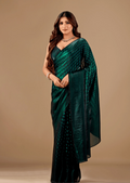 Bottle Green Organza Silk Saree With Stone Work Border - Front Look | Buy On Ethnic9