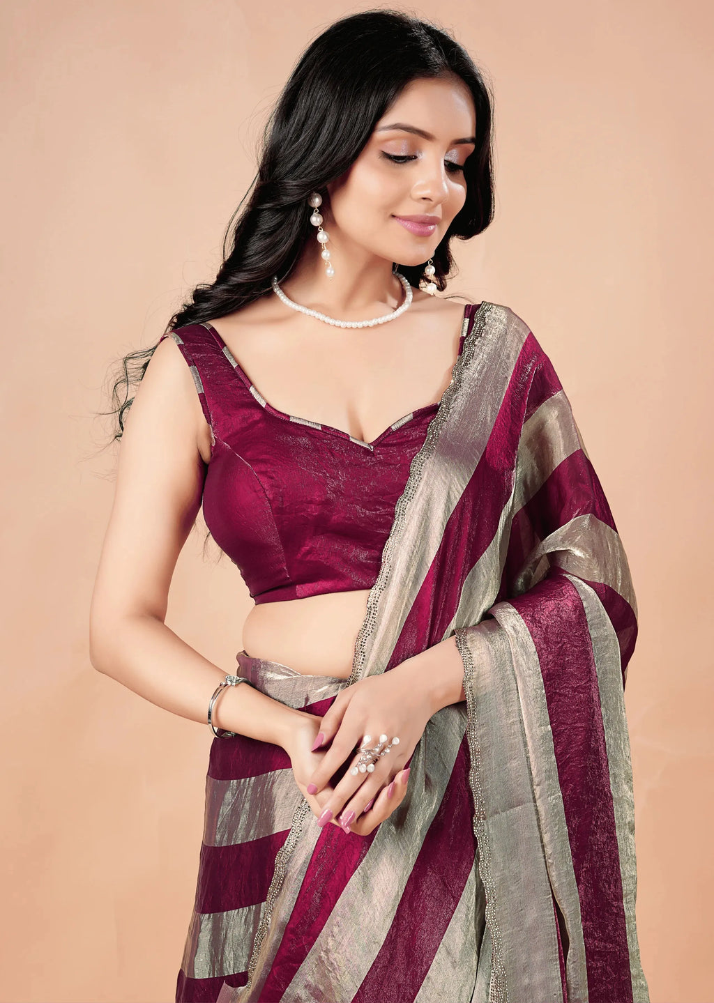 Wine Tissue Silk Saree With Metallic Stripe Work